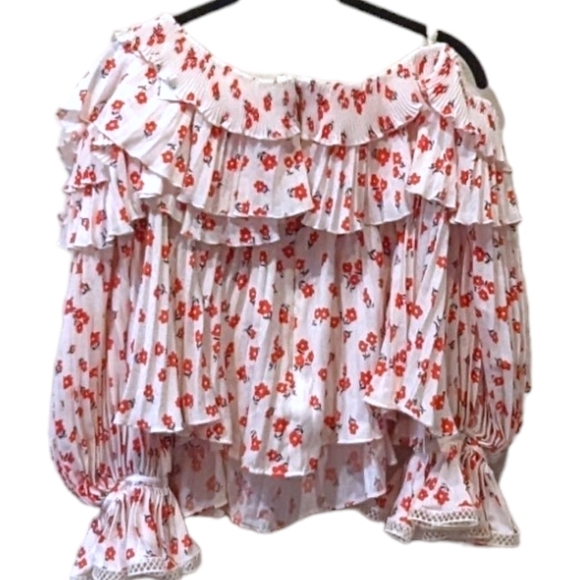 Self-Portrait Red Floral on White Ruffled Tiered Ruffled One Shoulder Top (8) - Picture 3 of 7